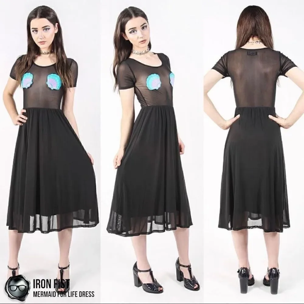 IRON FIST/DOLLS KILL MERMAID FOR LIFE LAYERED MESH DRESS IN BLACK HALLOWEEN MIDI